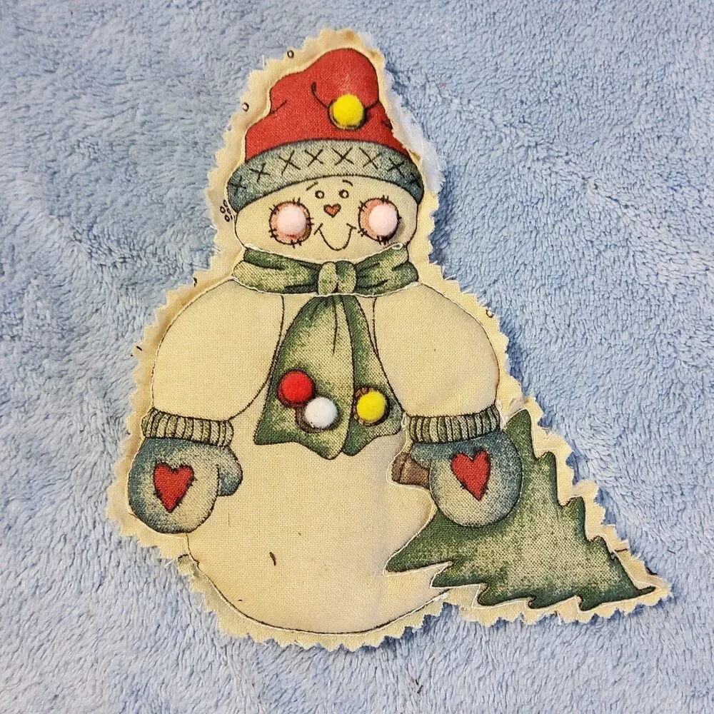 Vintage Handmade Puffed Fabric Snowman Ornament Applique Pom Poms 5.5